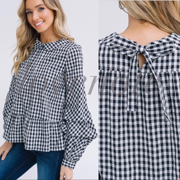 COTTON GINGHAM LONG RUFFLE SLEEVE TOP TIE BACK - Picture 2 of 7